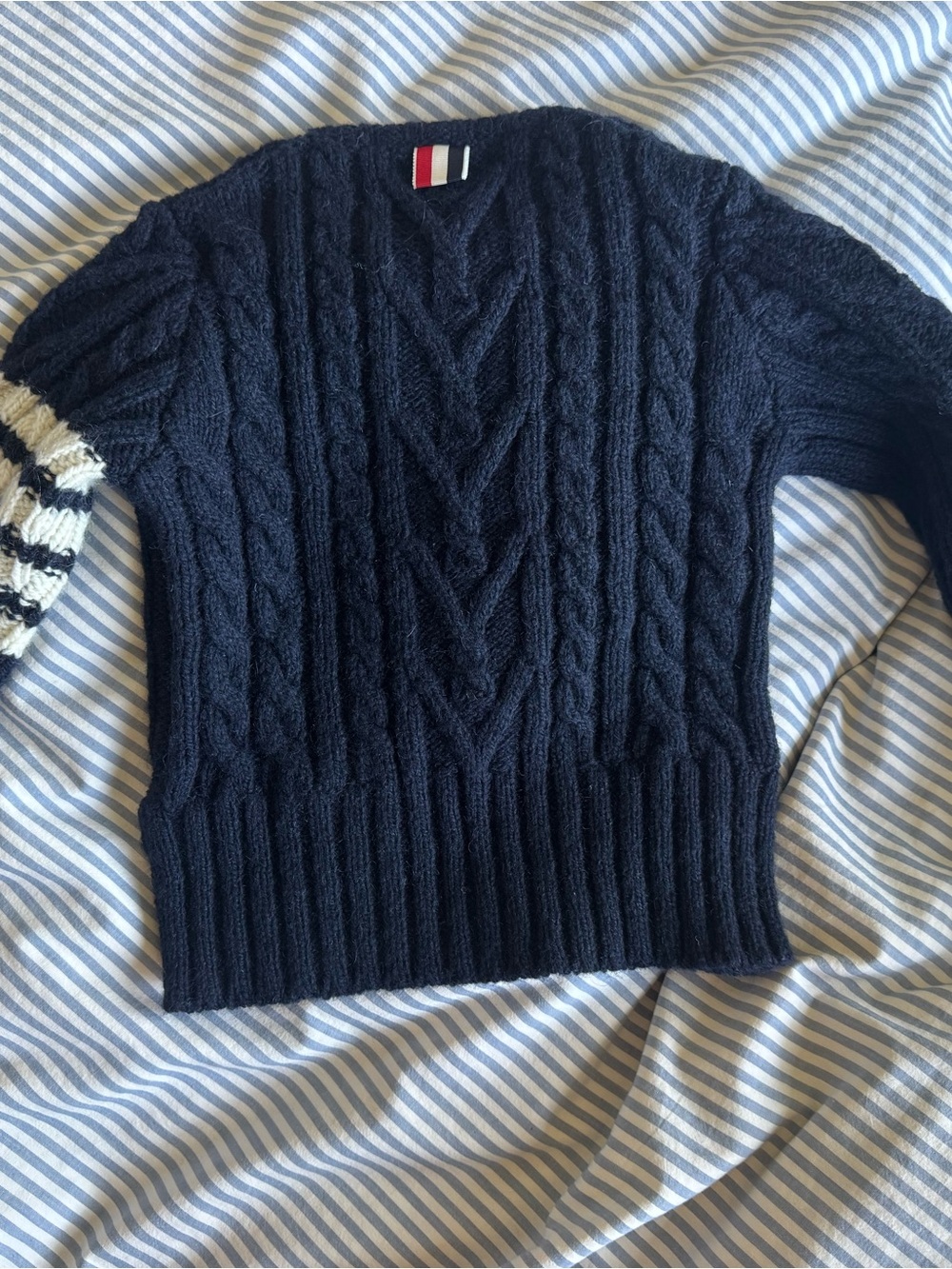 Thom Browne Navy Cable Knit Crewneck Sweater with Cream & Black Sleeve Detail - Picture 8 of 9